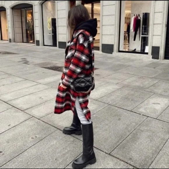 Zara Plaid Overshirt Longline Shacket Jacket Coat NWT Red White  Size Medium - Picture 3 of 11